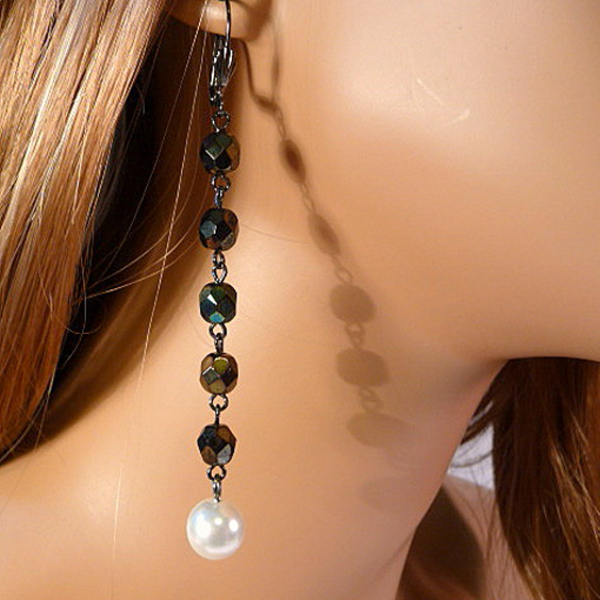 Long Earrings - White And Black, Pearls, Fire-polish Crystals, Gunmetal