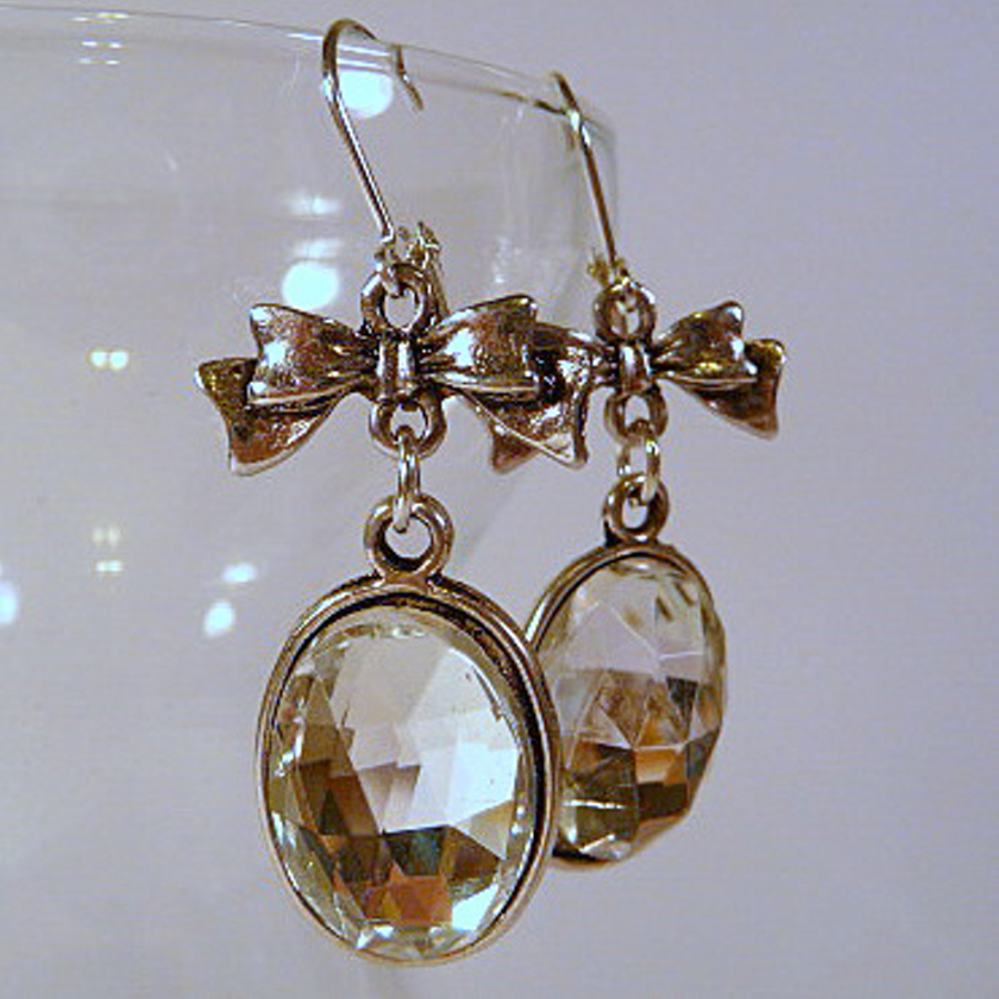 Earrings - Crystal Cabochons And Bows, Silver, Leverbacks, Clip On Option, Bride, Bridesmaids